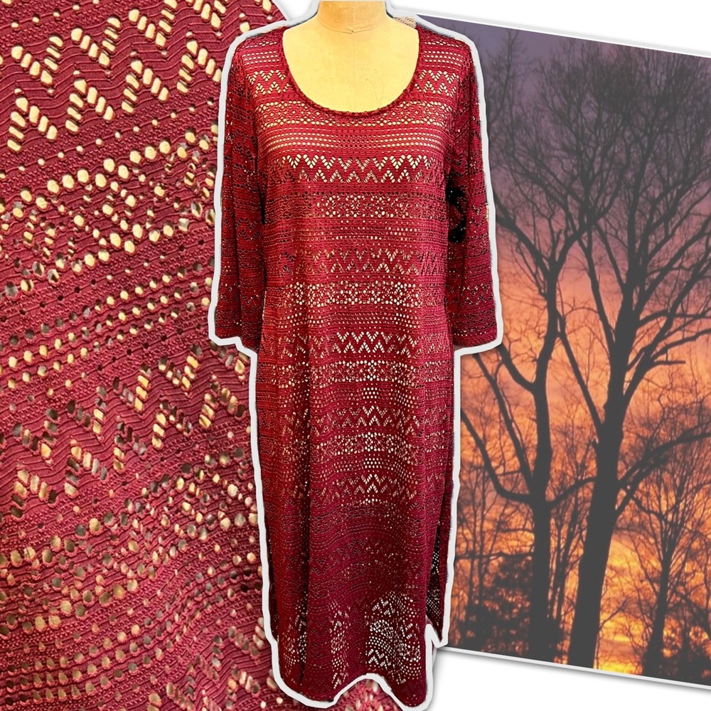 Burgundy‎ wine all lace dress Cato midi maxi side slit scoop neck earthy beachy